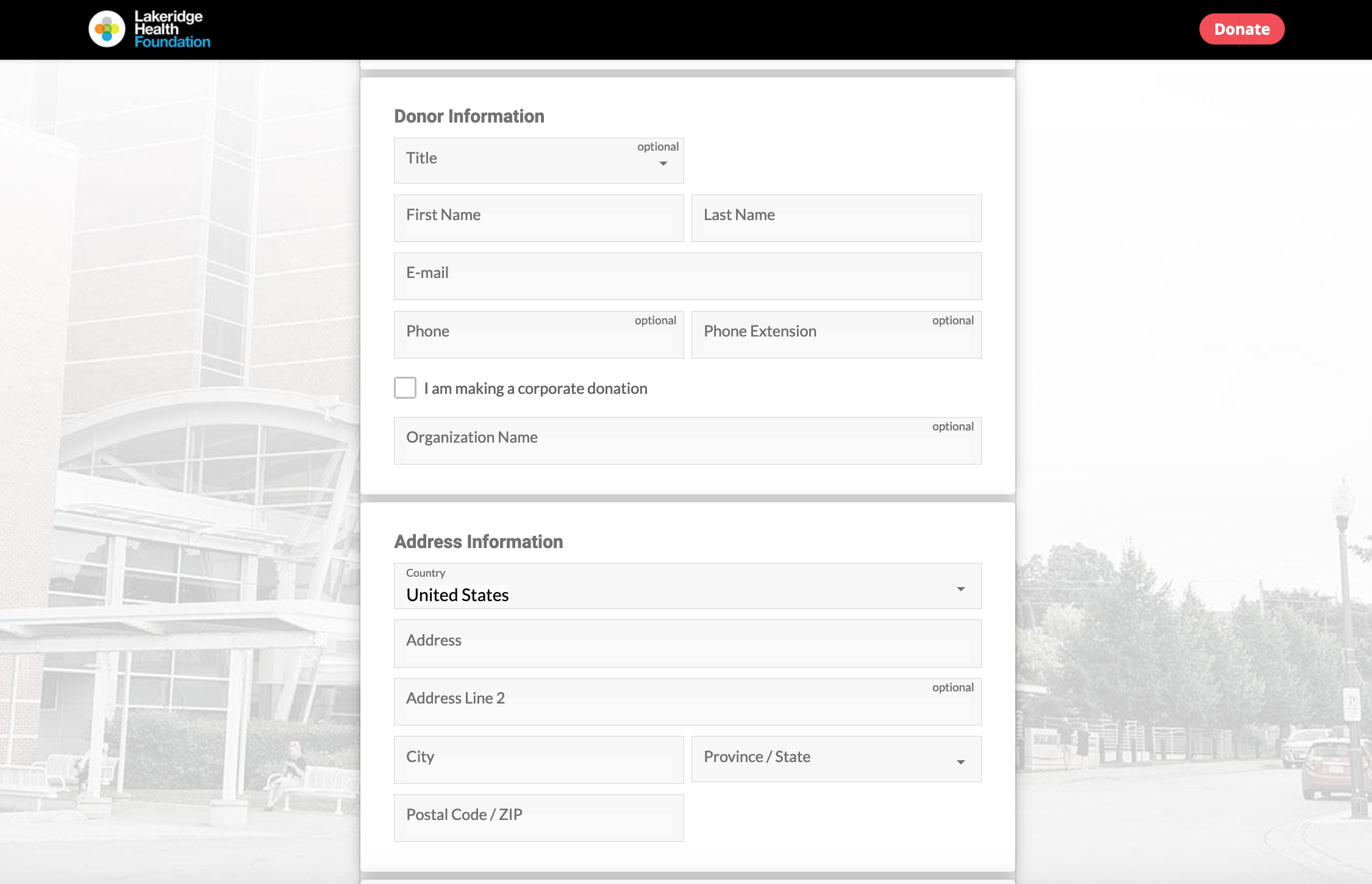 Screenshot of Lakeridge Health Foundation's donation form