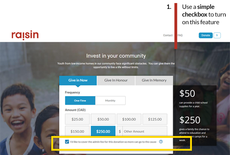 online donation page on raisin -Use a simple checkbox to enable this feature